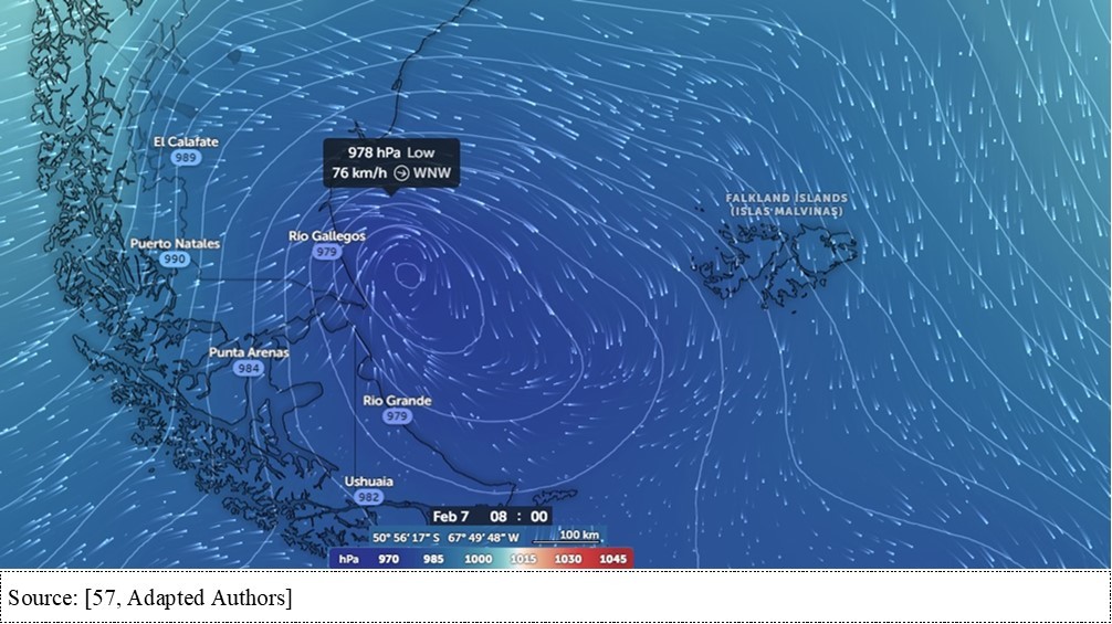 The Figure shows isobaric and wind lines at 500 m height, in the south of the American continent.